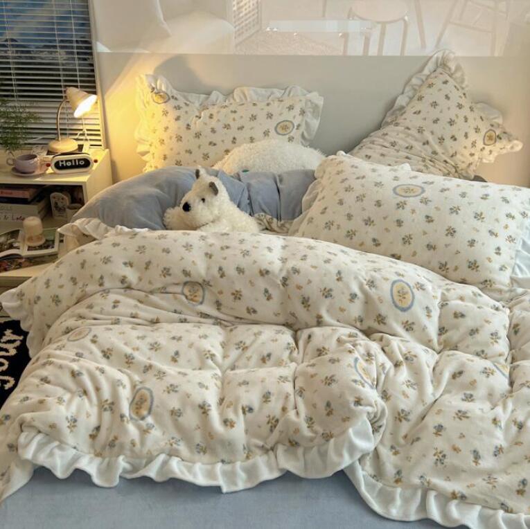 花柄・フリル 暖かい フランネル 送料無料 布団カバーセット シングル ダブル 秋冬 清新風 可愛い ふわふわ 3点セット 4点セット 掛け布団カバー フラットシーツ/ボックスシーツ 枕カバー 寝具カバーセット 防寒対策 静電気防止 洗える プレゼント インテリア★激安★セール