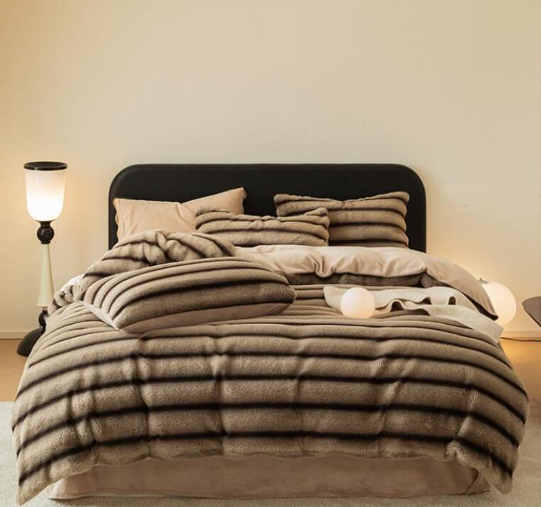 秋冬 配色 ストライプ 高級感 送料無料 布団カバーセット フェイクファー 厚手 暖かい 可愛い シングル..