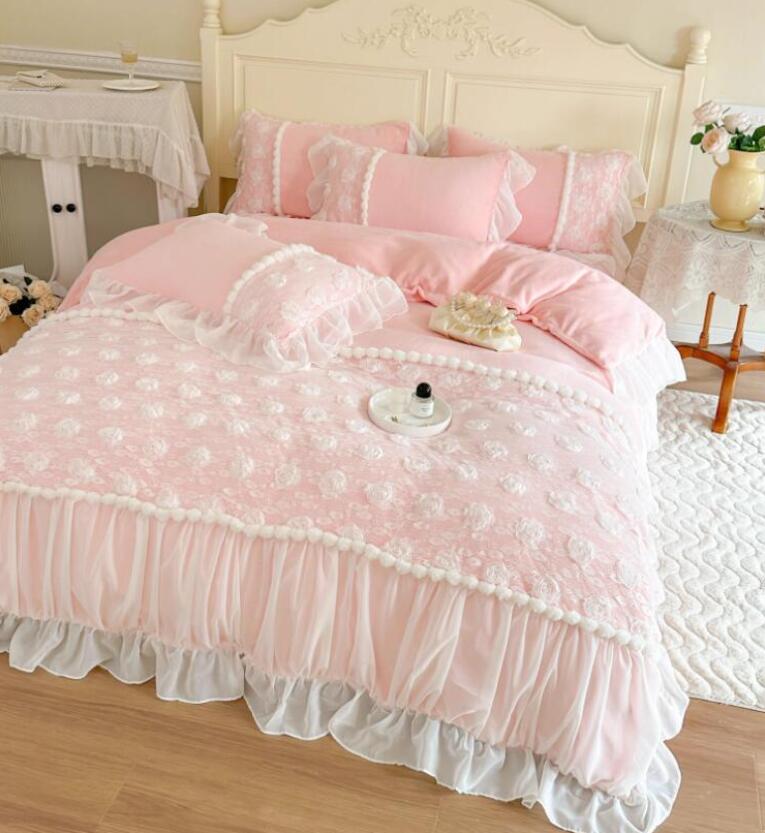 フラットシーツ 枕カバー 秋冬 送料無料 布団カバーセット 4点セット 花飾り 姫系 高級感 可愛いポンポンフリル フランネル 厚手 暖かい ふわふわ ダブル クイーン 結婚祝いプレゼント 掛け布団カバー 寝具カバーセット 防寒対策 静電気防止 新生活 洗える★激安★セール