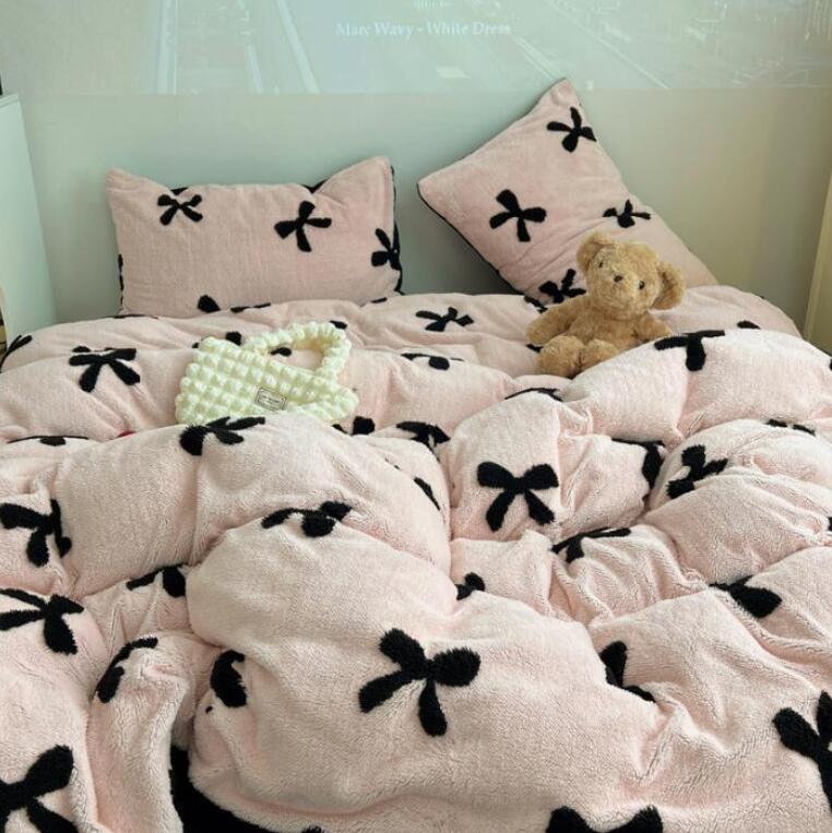 布団カバーセット 秋冬 送料無料 可愛いリボン レトロ 厚手 暖かい フランネル ふわふわ シングル ダブル 3点セット 4点セット 子供 女の子 大人 掛け布団カバー フラットシーツ/ボックスシーツ 枕カバー 寝具カバーセット 防寒対策 洗える プレゼント 新作★激安★セール