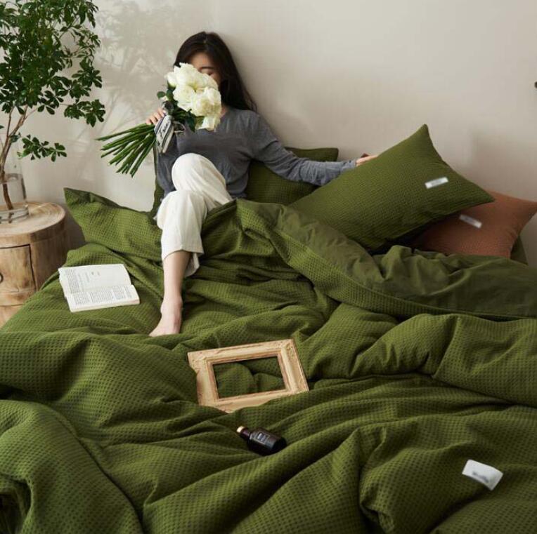 送料無料 布団カバーセット ワッフル模様 洗いざらし 通気性 柔らか シングル ダブル クイーン 3点セッ..