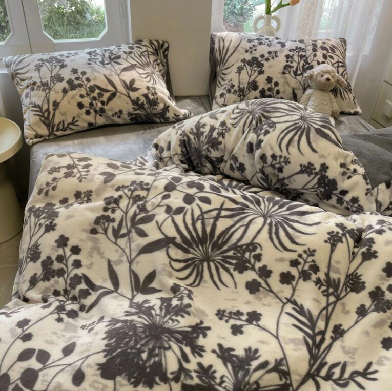 送料無料 布団カバーセット 秋冬 ボタニカル 花柄 高級感 フランネル 暖かい ふわふわ シングル ダブル..