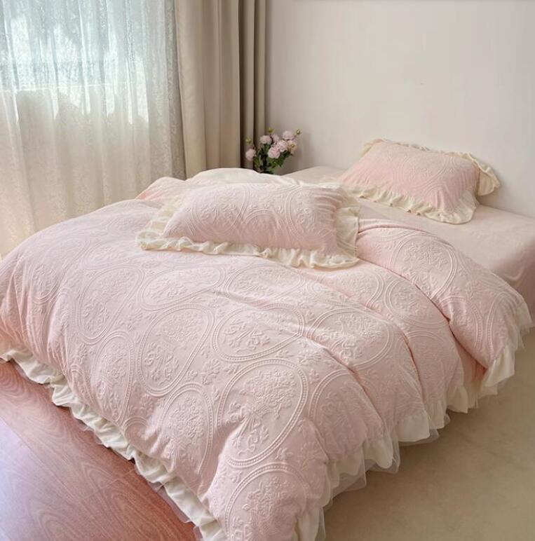 送料無料 布団カバーセット 姫系ピンク 可愛い 二重フリル 秋冬 フランネル 厚手 ふわふわ 暖かい シン..