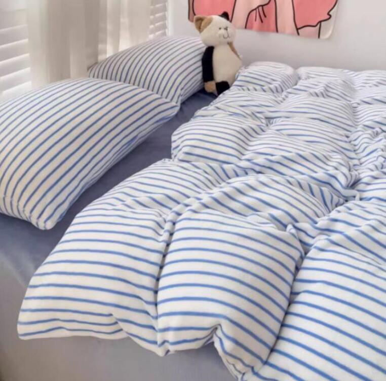 送料無料 布団カバーセット ストライプ柄 ブルー 可愛い 暖かい ふわふわ シングル ダブル クイーン 秋冬 フランネル 掛け布団カバー ボックスシーツ/フラットシーツ 枕カバー 3点4点セット 寝具カバーセット 防寒対策 柔らか 洗える 新生活 新作 インテリア★激安★セール