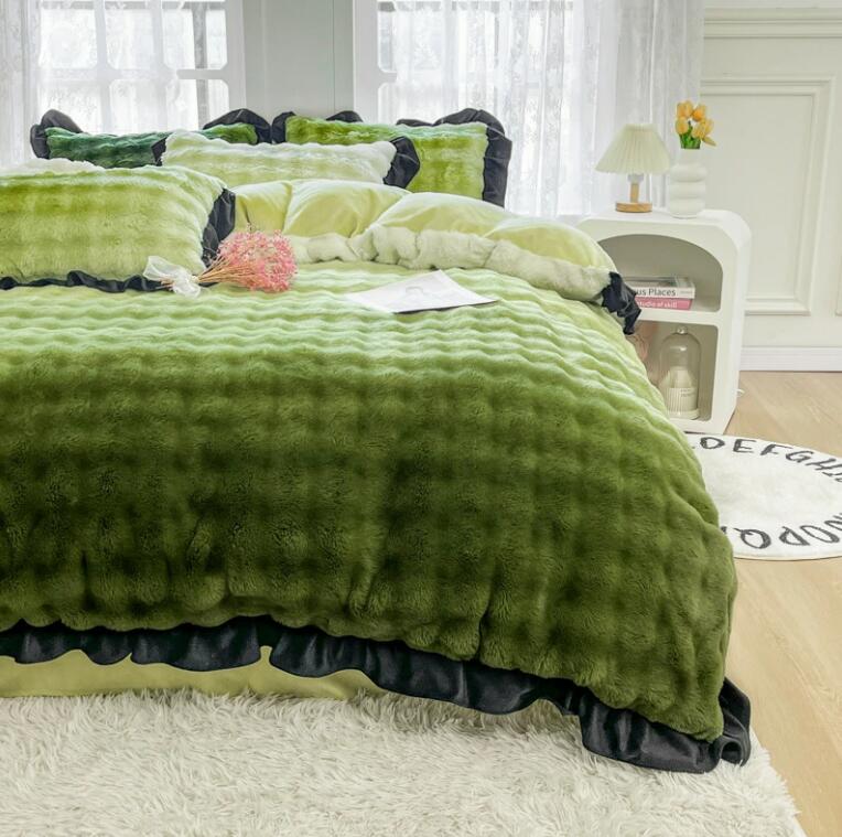 送料無料 布団カバーセット グラデーション 緑 可愛いフリル 超暖かい フェイクファー ふわふわ 秋冬 シングル ダブル クイーン 厚手 フランネル 3点4点セット ボックスシーツ/フラットシーツ 掛け布団カバー 枕カバー 寝具カバーセット 掛け布団 防寒対策★激安★セール