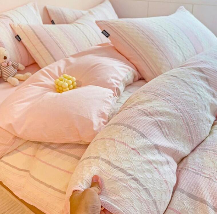 Futon Sets - 送料無料 布団カバーセット ins風 ストライプ ブルー/ピンク 綿100％ シングル ダブル クイーン ボックスシーツ/フラットシーツ 掛ふとんカバー3点セット 4点セット 柔らかい 通気性 掛け布団カバー 枕カバー 寝具カバーセット ゴムバンド 四季通用 洗える★激安★セール