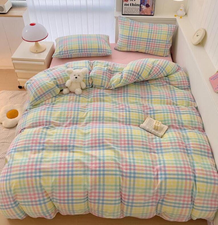 Futon Sets - 送料無料 布団カバーセット カラフル チェック柄 綿100% 通気性 柔らか 掛ふとんカバー3点セット 4点セット シングル ダブル クイーン ボックスシーツ/フラットシーツ 掛け布団カバー 枕カバー 寝具カバーセット ゴムバンド 四季通用 お洒落 洗える 新生活★激安★セール