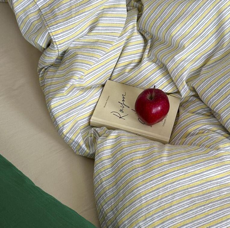 送料無料 布団カバーセット イエロー/ブルーストライプ柄 北欧 綿100％ 通気性 柔らか 掛ふとんカバー3点セット 4点セット シングル ダブル クイーン ボックスシーツ/フラットシーツ掛け布団カバー 枕カバー 寝具カバーセット ゴムバンド お洒落 丸洗いOK★激安★セール