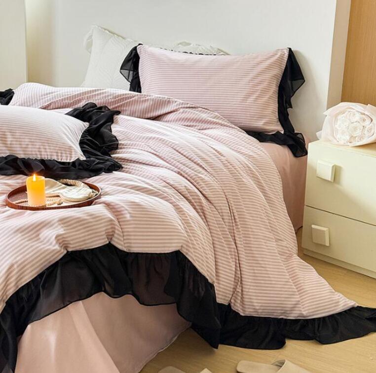 送料無料 布団カバーセット ストライプ柄 フリル付き 姫系 ピンク/緑 綿100％ 掛ふとんカバー3点セット 4点セット シングル ダブル クイーン ボックスシーツ/フラットシーツ 掛け布団カバー 枕カバー 寝具カバーセット ゴムバンド 四季通用 洗える お洒落★激安★セール