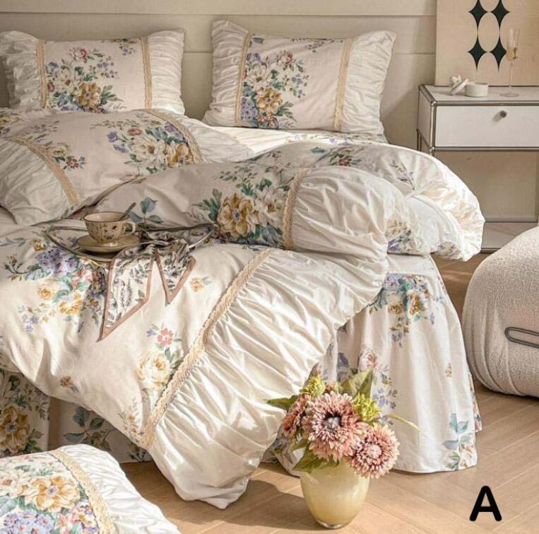 高級感 薔薇柄 花柄 リーフ フリル 送料無料 布団カバーセット 高品質 ダブル クイーン ベッドスカート..