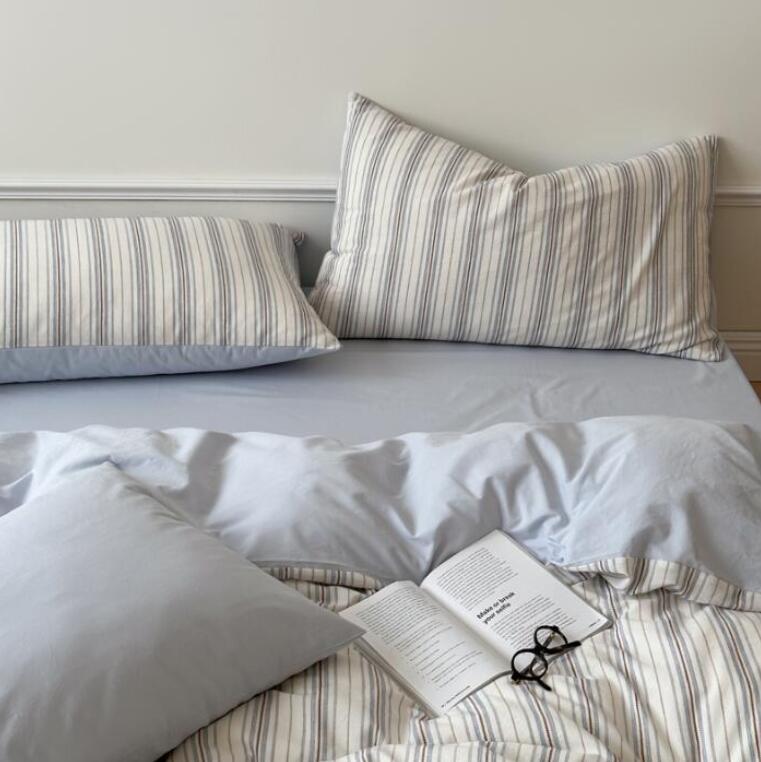 送料無料 布団カバーセット 北欧 ストライプ柄 ブルー 綿100％ シングル ダブル クイーン ボックスシー..