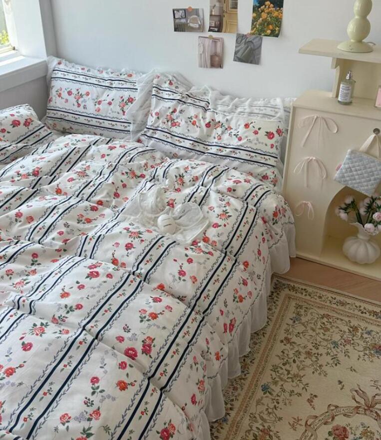 送料無料 布団カバーセット 可愛い花柄 フリル シングル ダブル クイーン 綿100％ 優しい肌触り ボックスシーツ/フラットシーツ 掛ふとんカバー3点セット 4点セット 掛け布団カバー 枕カバー 寝具カバーセット 柔らか 四季通用 ゴムバンド 洗える★激安★セール