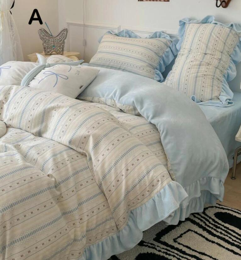 花柄 ストライプ柄 送料無料 布団カバーセット 可愛い フリル 韓国風 綿 フランネル 静電気防止 暖かい..