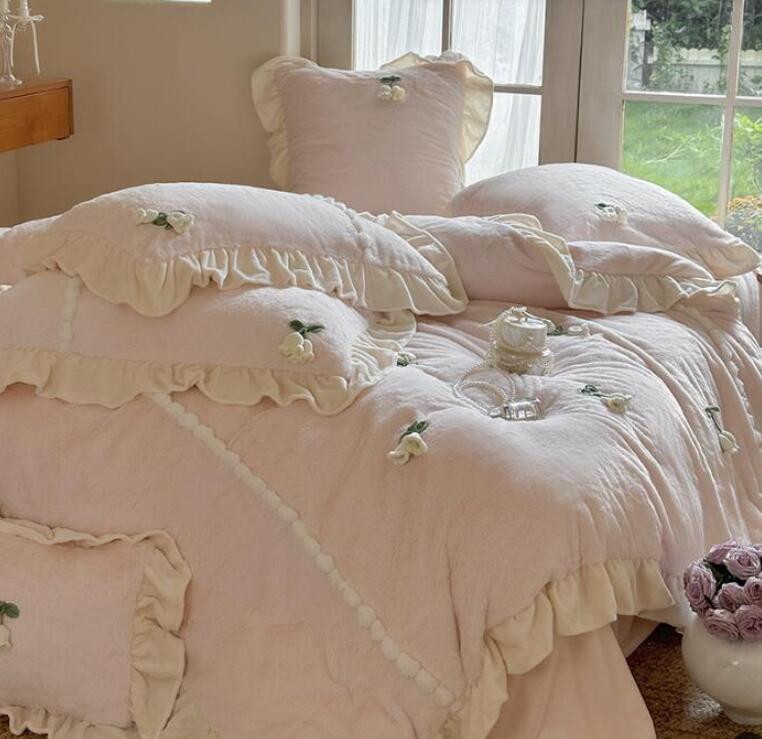 ふわふわ 送料無料 布団カバーセット 秋冬 すずらん 鈴蘭 花 可愛いフリル フェイクファー フランネル ..