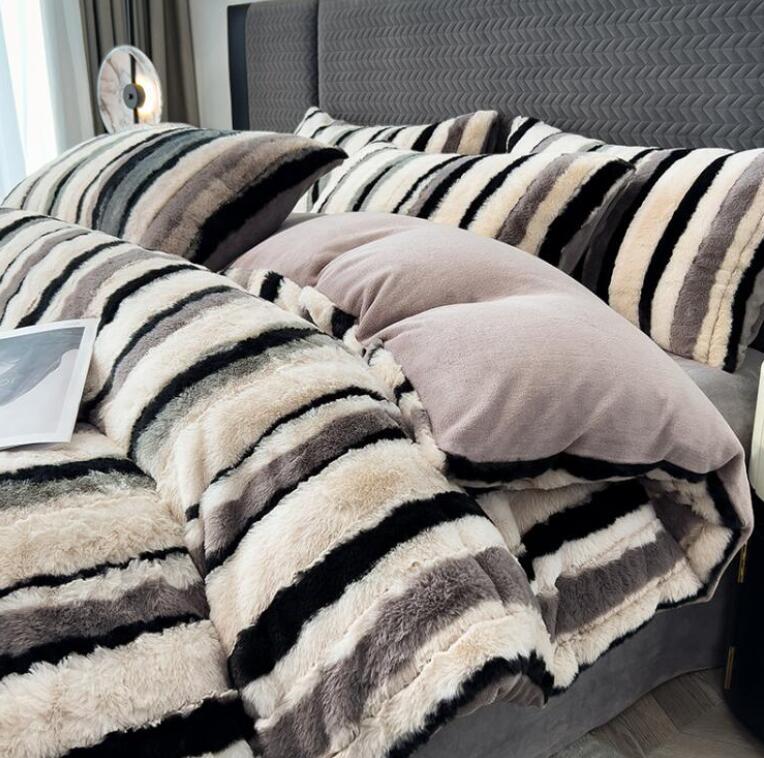 ストライプ 超暖かい 送料無料 布団カバーセット フェイクファーモコモコ ふわふわ 秋冬 シングル ダブル クイーン 厚手 フランネル 3点4点セット ボックスシーツ/フラットシーツ 掛け布団カバー 枕カバー 寝具カバーセット 掛け布団 防寒対策 柔らか 洗える★激安★セール