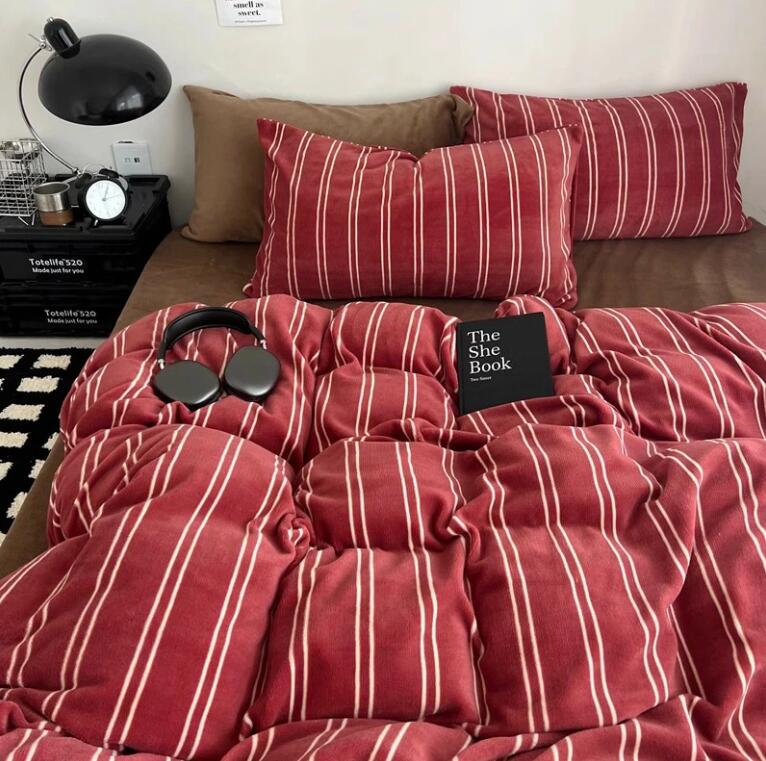 送料無料 布団カバーセット レトロ 暖かい 北欧 ストライプ柄 シングル ダブル クイーン 厚手 ふわふわ フランネル 秋冬 3点4点セット 掛け布団カバー ボックスシーツ/フラットシーツ 枕カバー 寝具カバーセット あったか 防寒対策 洗える 新生活 おしゃれ★激安★セール