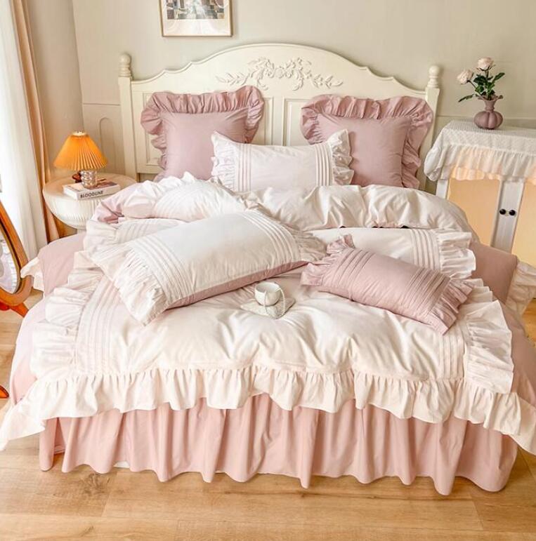 送料無料 布団カバーセット ベッドスカート 可愛いフリル付き 姫系 綿100％ 優しい肌触り シングル ダ..
