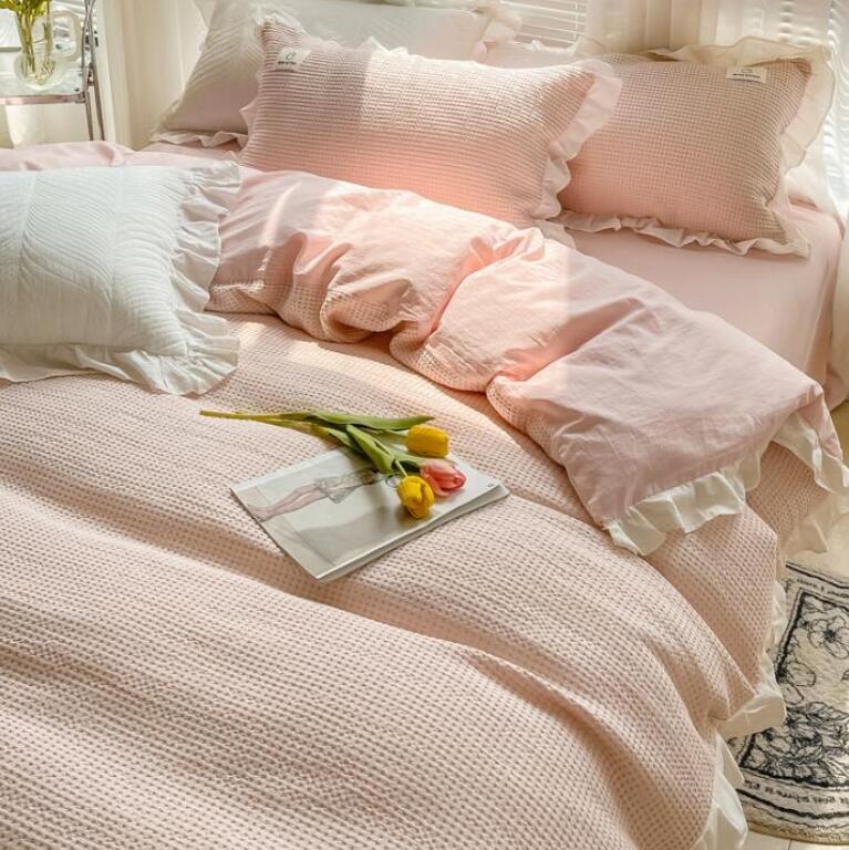 送料無料 布団カバーセット ワッフル模様 可愛いフリル付き 姫系 綿100％ 優しい肌触り 掛ふとんカバー..