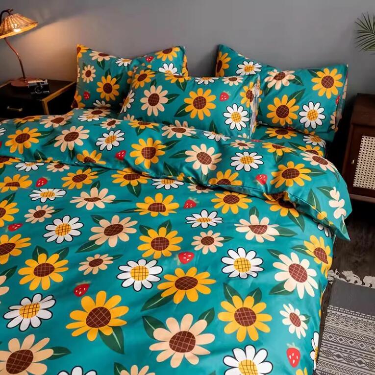 送料無料 布団カバーセット 可愛いひまわり 向日葵 花柄 綿100％ ボックスシーツ/フラットシーツ シングル ダブル クイーン 掛ふとんカバー3点4点セット 柔らかい 優しい肌触り 通気性 掛け布団カバー 枕カバー 寝具カバーセット ゴムバンド 四季通用★激安★セール