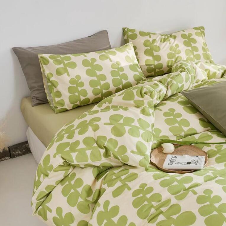 送料無料 布団カバーセット 4点セット 綿100% ダブル ボックスシーツ/フラットシーツ 葉 清新風 可愛い..