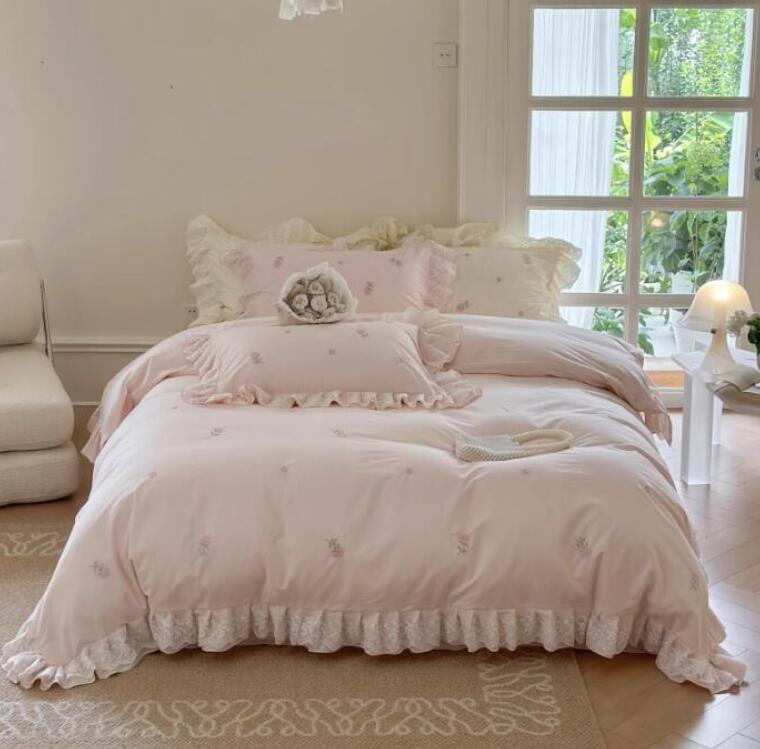 送料無料 布団カバーセット 姫系 薔薇花刺繍 可愛いレース付き 品質良い ダブル クイーン ボックスシー..