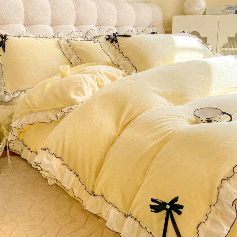 送料無料 布団カバーセット 姫系 フランネル 暖かい お姫様ピンク 可愛いフリル リボン ふわふわ 秋冬 ..