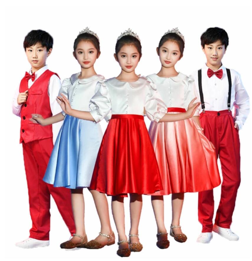 Rakuten - 送料無料 子供 ダンス ステージ 衣装 五分袖 ミモレ丈 ワンピース 女の子 キッズ ジュニア 合唱 コーラス 演奏会 発表会 ワンピース 舞台 ダンス衣装 切り替え お姫様 ドレス 赤 ブルー 100 110 120 130 140 150 160 おしゃれ 演出服 舞台服 発表会