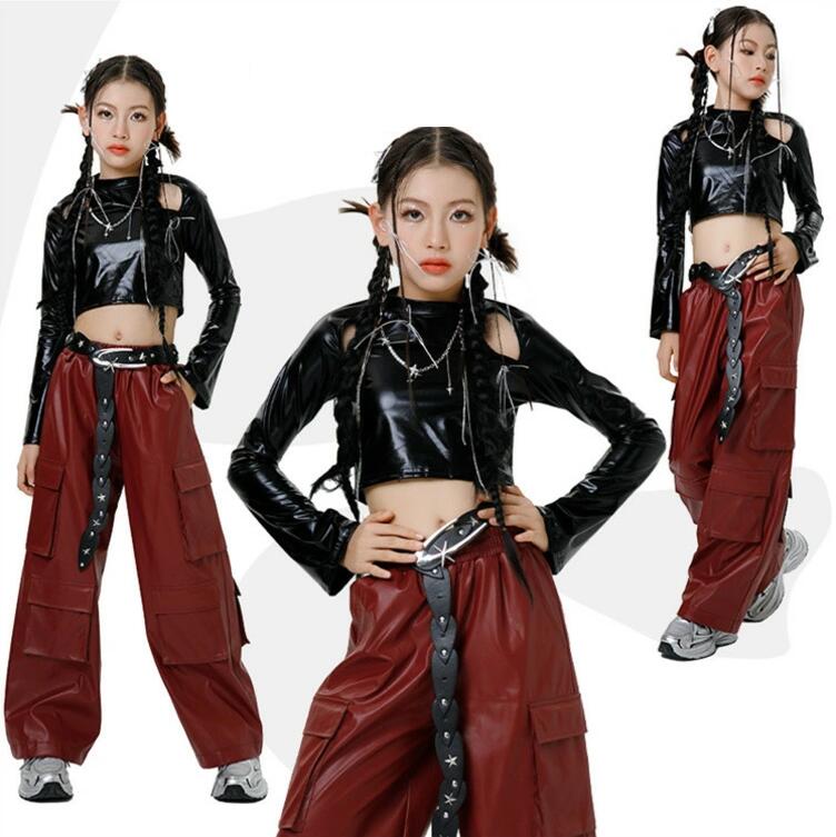 送料無料 赤 パンツ k-pop 衣装 キッズダンス衣装 へそ出し 黒 レッド セットアップ トップス 長袖 ロングパンツ ヒップホップ 韓国 ジャズダンス 女の子 キッズ ダンス衣装 HIPHOP 演出服 応援団 文化祭 イベント ステージ衣装 ショー モデル 団体服 単品 セット かっこいい