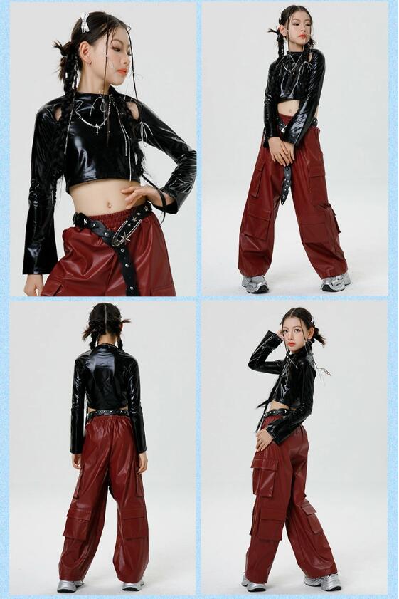 送料無料 赤 パンツ k-pop 衣装 キッズダンス衣装 へそ出し 黒 レッド セットアップ トップス 長袖 ロングパンツ ヒップホップ 韓国 ジャズダンス 女の子 キッズ ダンス衣装 HIPHOP 演出服 応援団 文化祭 イベント ステージ衣装 ショー モデル 団体服 単品 セット かっこいい