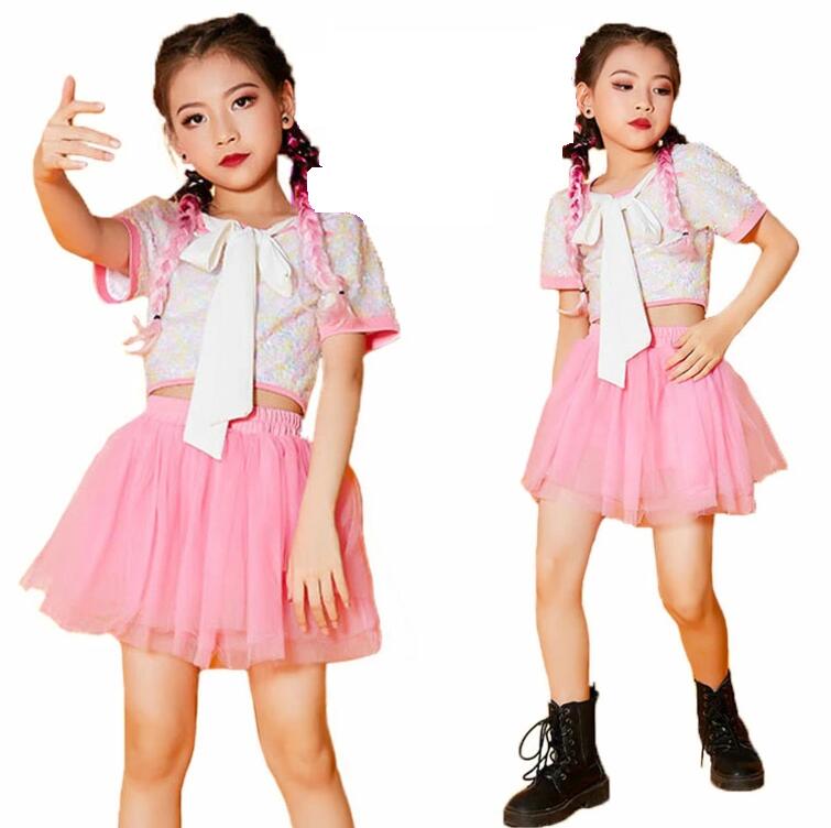 Rakuten - 送料無料 k-pop 衣装 ピンク へそ出し ダンス衣装 キッズ 女の子 スパンコール セットアップ きらきら 半袖 トップス チュールスカート ガールズ 韓国 ダンス衣装 ジャズダンス チアダンス チアガール ヒップホップ 子供 HIPHOP ダンス発表会 応援団 演出服 応援団 練習着