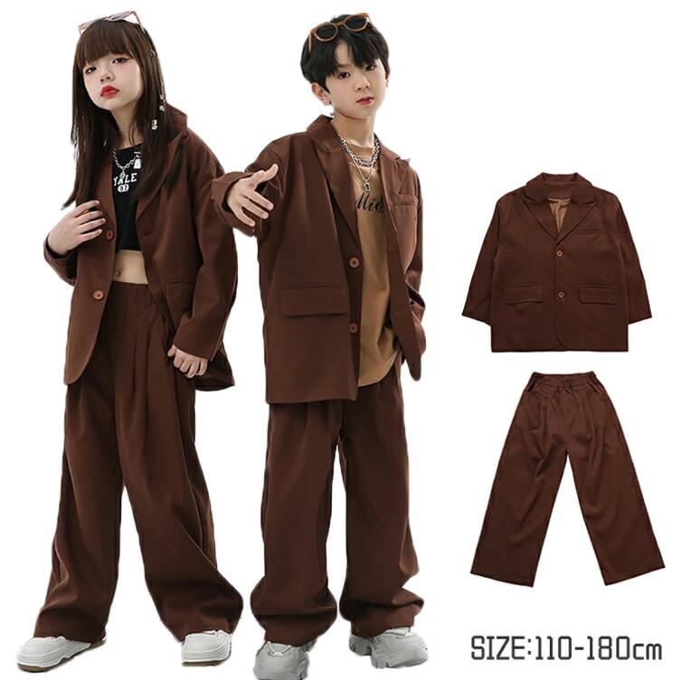 Rakuten - 送料無料 ブラウン ダンススーツ キッズ ダンス衣装 セットアップ 女の子 男の子 スーツ 上下セット 茶色 無地 ジャケット ブラウン ヒップホップ 韓国 k-pop衣装 イベント 文化祭 チアダンス ジャズダンス 長袖 男女兼用 子供服 HIPHOP ダンス 発表会 団体服 ステージ衣装