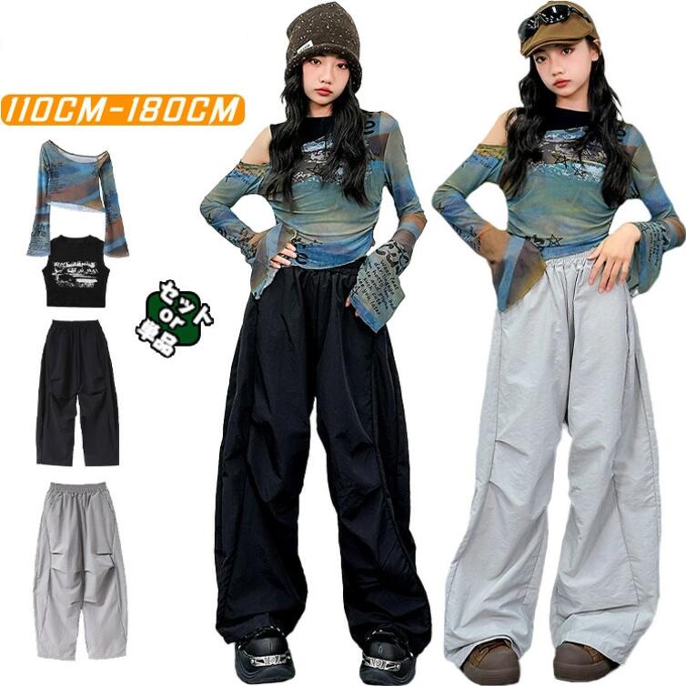 Rakuten - 送料無料 総柄 ギャル系 キッズ ダンス衣装 セットアップ ジャズダンス jazz 女の子 学生 韓国 k-pop へそ出し 肩出し 長袖 メッシュ トップス ワイドパンツ タンクトップ おしゃれ カジュアル 子供服 応援団 練習着 団体服 発表会 演出服 ガールズ グループ チア チアガール