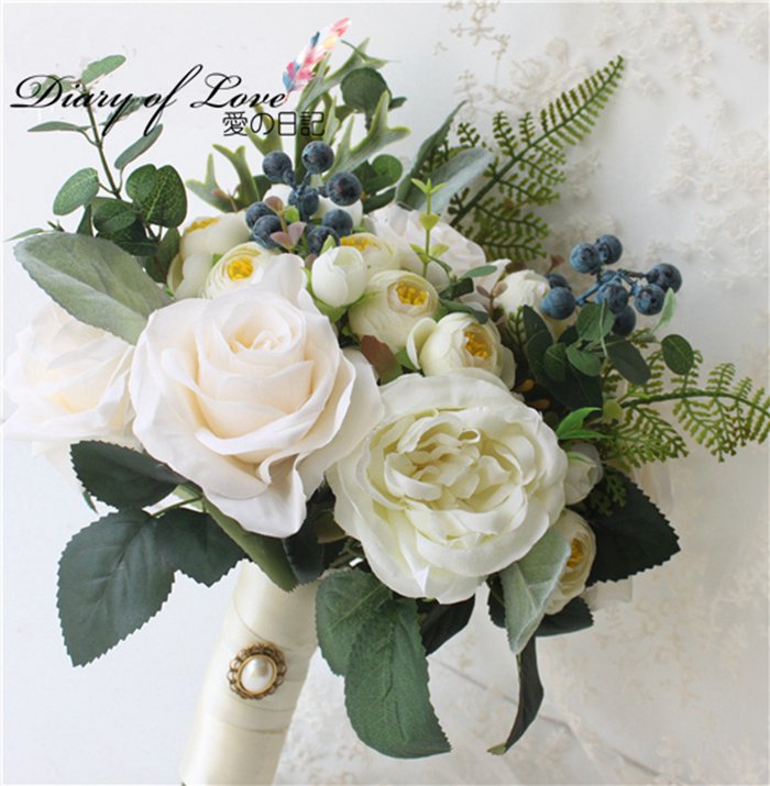 造花 ブライダルブーケ【bouquet】結婚式 ブライダル フラワー 白バラ ウェディングブーケ　ドウダンツツジ ホワイト【造花・ウェディングブーケ・ブライダルブーケ・ウエディングブーケ・ブーケ】花嫁 写真撮り 結婚式 結婚祝い 贈り物 バラ 花束 2