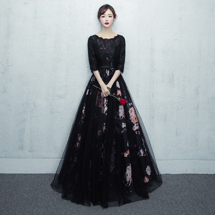 レース切替の袖ロングドレス 演奏会 カラードレス ブウラック ウェディングドレス 大きいサイズ 演奏会ドレス ウエディングドレス 花嫁ドレス 刺繍ドレス 総レー...