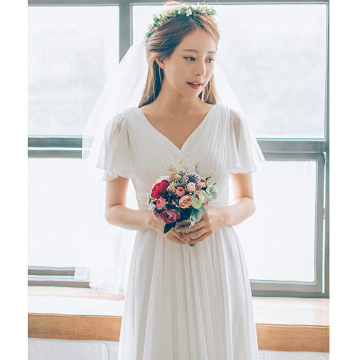 【Diary of love 愛の日記】ウェディングドレス 結婚式 ライトドレス 二次会ドレス　白ワンピース wedding dress フレア袖 ウエディング ワンピース スレンダータイプ Aライン 編み上げ 前撮り 後撮り 披露宴 結婚式 演奏会 発表会 海外挙式ドレス 花嫁ドレス 【XS〜XL】