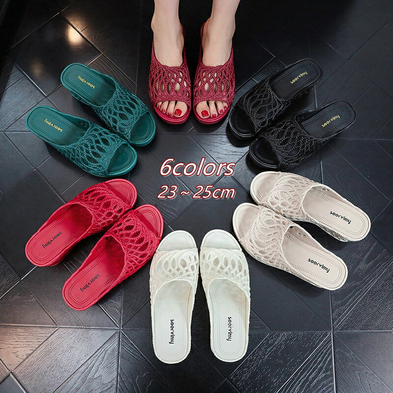 Wedge Sole - 送料無料 厚底 ウェッジヒール サンダル ミュールサンダル レディース キャバ コスプレ ヒール高6cm　大きいサイズ　美脚　セクシーハイヒール　春夏　キャバ インポート脚長効果　定番　フォーマル 前厚トゥ PVC 歩きやすい サンダル　ゴージャス　エレガント