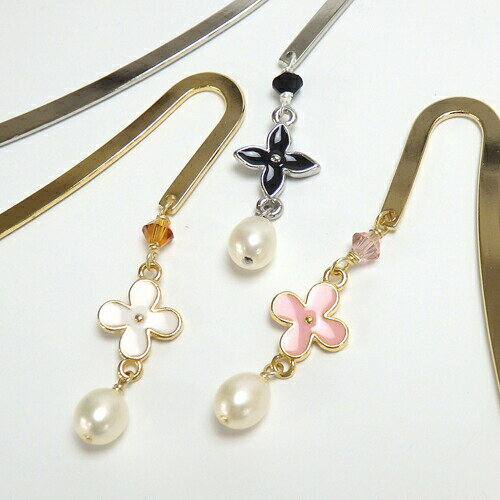 メール便 しおり ブックマーカー 3種 スワロフスキー 淡水パール お花 クロス 金属 メタル 真珠 栞 帯飾り 浴衣 着物 敬老の日 ギフトに プレゼントに