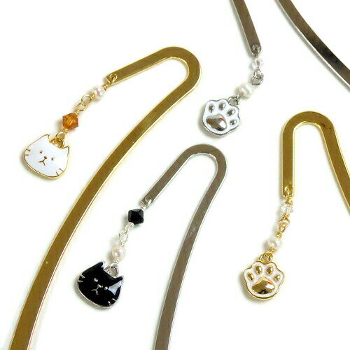 メール便 しおり ブックマーカー 黒猫 白猫 肉球 金属 メタル ゴールドカラー キャット 栞 贈り物 贈答品 猫 クリスマス ギフトに プレゼントに