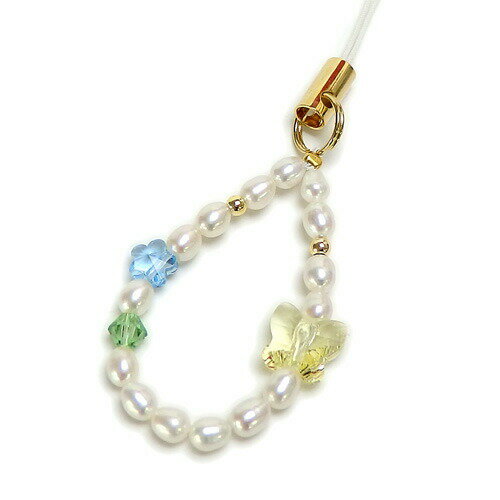 メール便 スマホストラップ パール 携帯ストラップ バタフライ 花 淡水真珠 スワロフスキー ちょうちょ クリスマス ギフトに プレゼントに