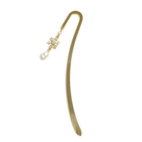 メール便 しおり ブックマーカー 雪の結晶 キュービックジルコニア ゴールドカラー スノーフレーク & 淡水パール スワロフスキー 金属 メタル 栞 帯飾り C...