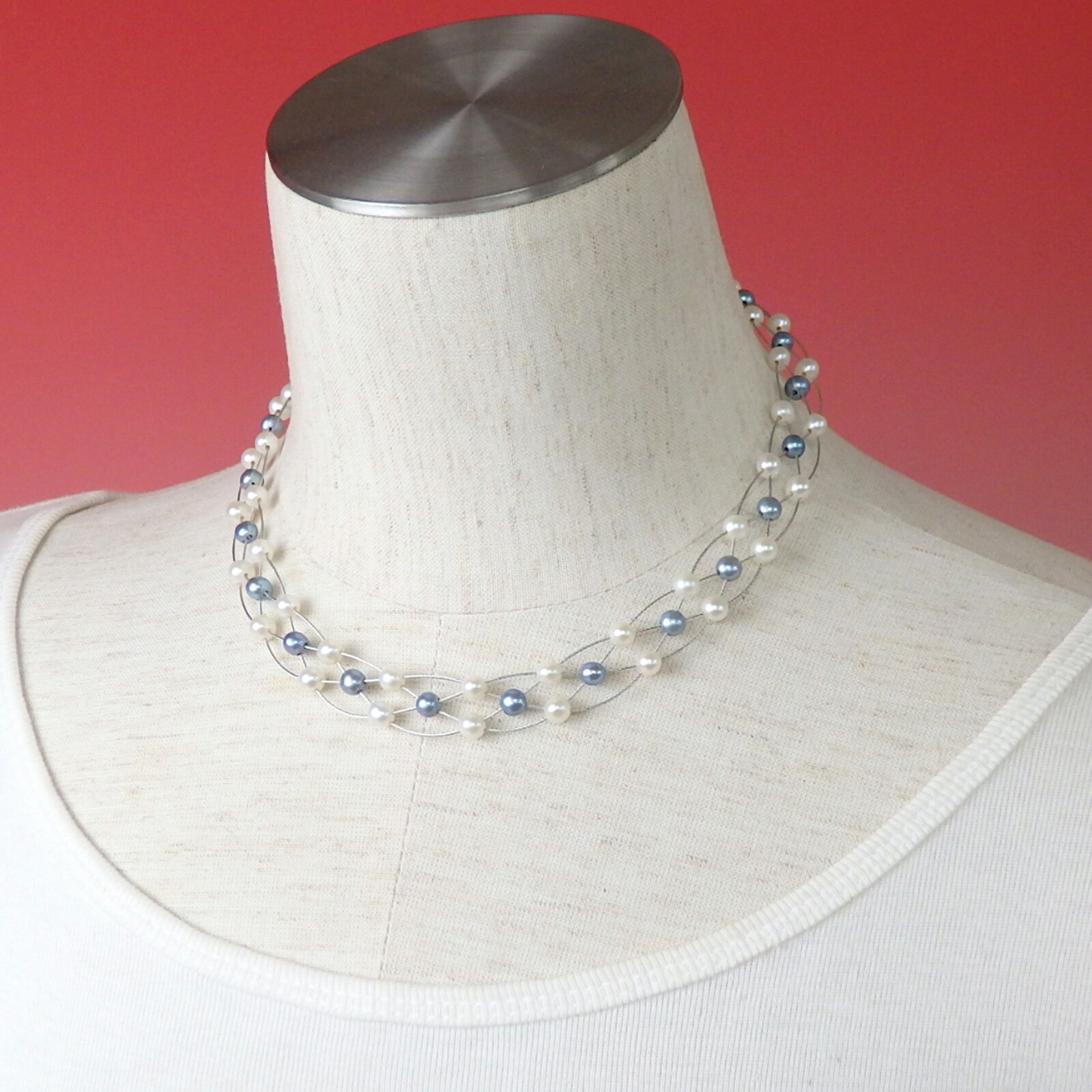 チョーカー ネックレス ワイヤー 4連 四つ編み 淡水パール グレーブルー パール 淡水真珠 真珠 シルバー金具 バレンタイン ギフトに プレゼントに