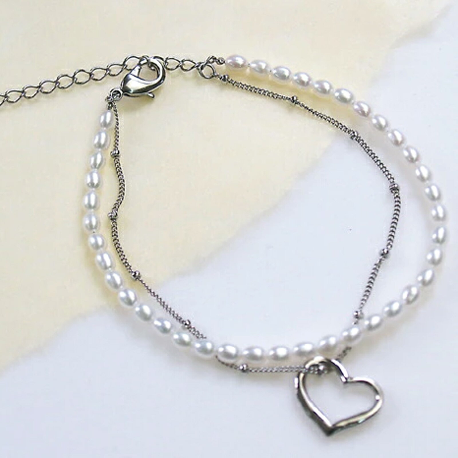 メール便 ブレスレット 淡水パール オープンハート 2連 淡水パール ハートモチーフ シルバーカラー ク..