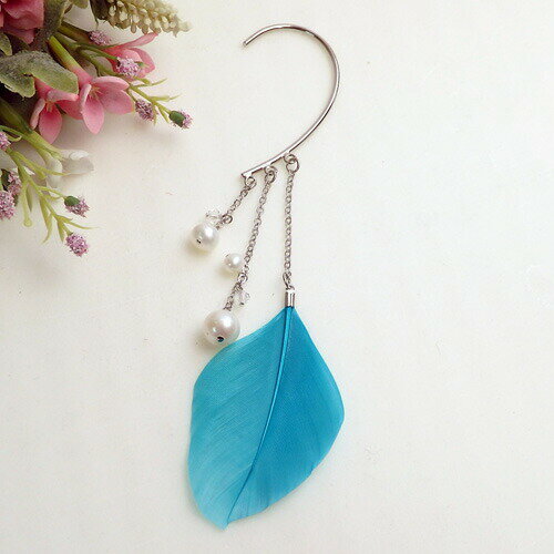 メール便 イヤーフック フェザー 淡水パール スワロフスキー 淡水真珠 スワロフスキー エメラルド ターコイズ イヤーカフ クリスマス ギフトに プレゼントに