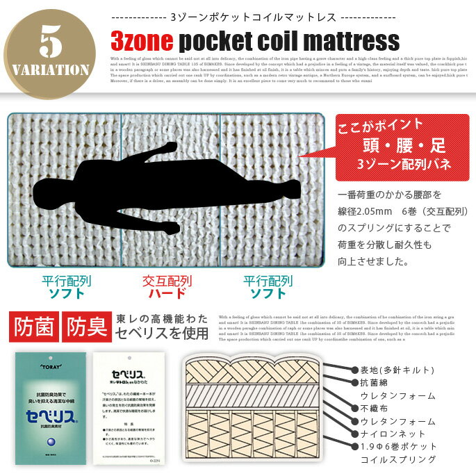 国産3ゾーンポケットコイルマットレス セミダブルサイズ(120×195cm) 送料無料