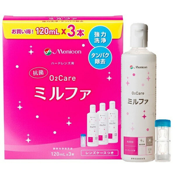 コンタクトレンズは簡単にケアしたい。だけど、しっかりした洗浄力も欲しい。洗浄・保存・タンパク除去まで1本でできるメニコン「抗菌O2ケアミルファ」なら、 高い洗浄効果はもちろん、さらに抗菌成分配合でより清潔・快適なアイライフをサポートします。◆抗菌成分配合でより清潔に。眼の病気の1つ「角膜感染症」の原因となる雑菌を眼に持ち込まないよう、コンタクトレンズを保存する保存液やコンタクトレンズケースは清潔に保ちたいものです。「抗菌O2ケアミルファ」は保存液中の菌の増殖を防ぐので、より清潔にコンタクトレンズをお使いいただけます。◆高い洗浄効果でより快適に。長く安定していられるタンパク分解酵素と、脂質汚れに対して有効な2種類の界面活性剤をバランスよく配合することでワンボトルで高い洗浄効果を実現しました。◆使用方法◆1、本液を9分目まで入れたコンタクトレンズケースにコンタクトレンズを収納します。2、一晩(4時間以上)保存してください。3、コンタクトレンズホルダーごと水道水(流水、以下同じ)ですすぎます。4、コンタクトレンズを取り出し、本液で充分にこすり洗いしてください。5、再度コンタクトレンズをホルダーに収納し、水道水でよくすすいでから眼に装着してください。 ※眼にはめてしみると感じたらコンタクトレンズをすすぎ直してください。 ----------------------------------------------------------------------------広告文責：株式会社ビックカメラ楽天　0570-01-1223メーカー：メニコン　Menicon商品区分：コンタクトケア用品----------------------------------------------------------------------------