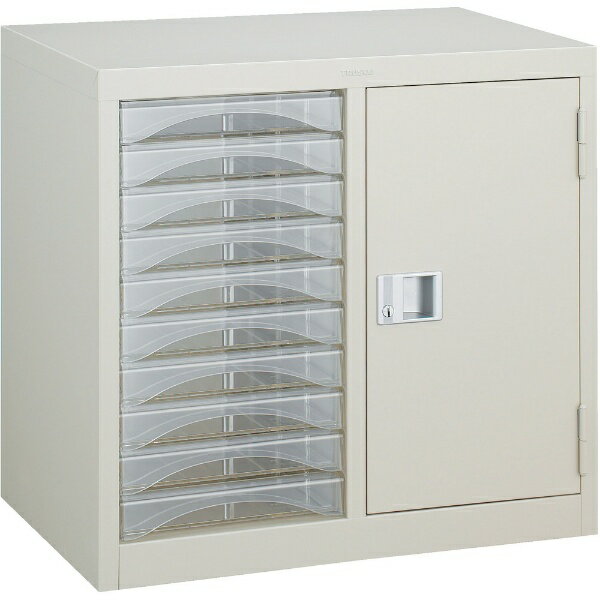 ■引き出しはクリアで、内部の様子がよく分かります。■書類などの管理だけでなく、小物部品の整理にも適してます。【仕様】・鍵付タイプ（扉部のみ）・棚板位置固定タイプ・間口（mm）： 528・奥行（mm）： 334・高さ（mm）： 497・引出し内寸（mm）間口×奥行×高さ： 222×305×37・引出し： A4浅型10個【材質／仕上】・本体： スチール・引き出し： ポリスチレン（PS）樹脂