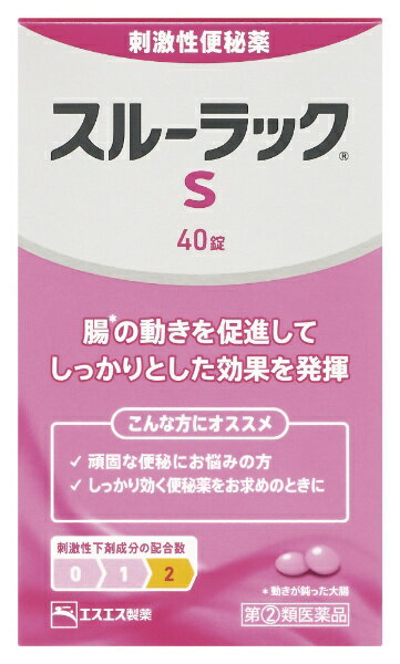 腸の動きを助ける有効成分を2種類配合。腸の動きを助け、腸内に硬くつまった便をしっかり押し出します。■スルーラックSは、ビサコジルとセンノサイドカルシウムの2種類の成分が複数のポイントから腸を刺激することで鈍った腸の動きをたすけ、溜まった便をスムーズに排出する便秘薬です。■便秘の状態にあわせて、1〜3錠の範囲内で、自分で服用量を調節できます。■有効成分が胃で溶けずに腸でしっかり効くよう、錠剤にコーティングを施してあります。 --------------------------------------------------------------------------------------------------------------文責：川田貴志（管理薬剤師）使用期限：半年以上の商品を出荷します※医薬品には副作用リスクがあり、安全に医薬品を服用して頂く為、お求め頂ける数量を制限しております※増量キャンペーンやパッケージリニューアル等で掲載画像とは異なる場合があります※開封後の返品や商品交換はお受けできません--------------------------------------------------------------------------------------------------------------