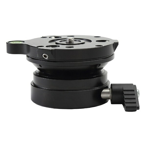 直径60mmのベースで任意の方向に0〜15度の範囲で傾斜の調整とロックが可能。3本のネジによるロックで回転を防止。台座は3/8ネジ、雲台は1/4ネジで接続。水準器付き。