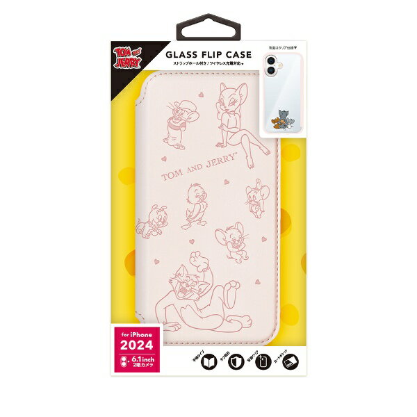 PGA｜ピージーエー iPhone 16用 ガラスフリップケース Premium Style トムとジェリー/ピンク PG-W24AGF02TAJ