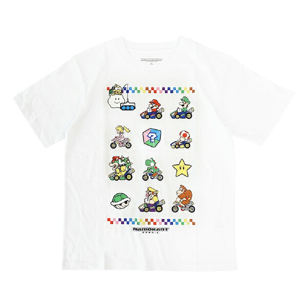 フロントにはカートに乗った人気キャラクターたちとアイテムがプリントされています。カラーはネイビー、ホワイトの2色展開。サイズはSからXLと、豊富に取り揃えています。